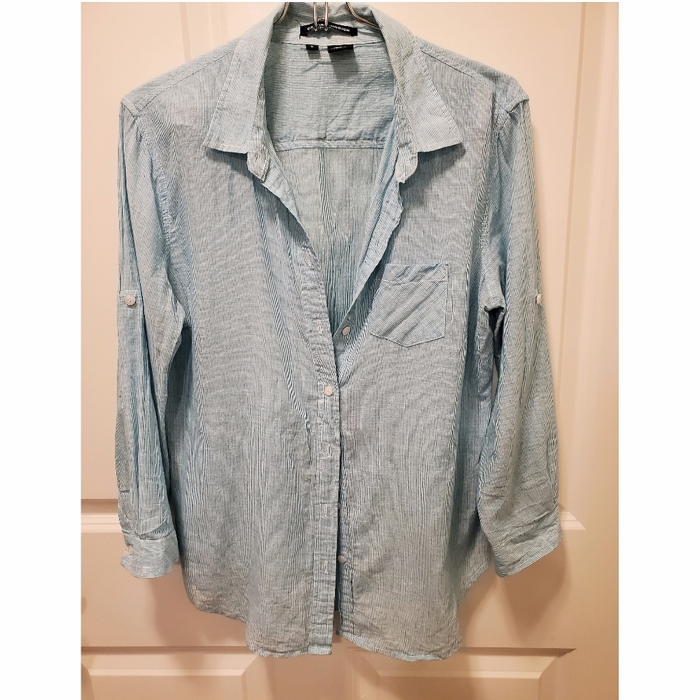 Sandra Ingrish Button Down Shirt Size S Blue and White Stripes